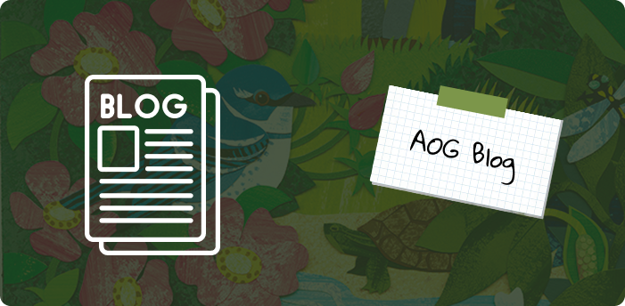 Illustration of a blog concept with a note saying 'AOC Blog' and an icon of a blog post, set against a colorful, nature-themed background with flowers, birds, and leaves.