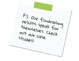Handwritten note on graph paper saying, 'P.S. our fundraising results speak for themselves. Check out our case studies!' taped with green tape.