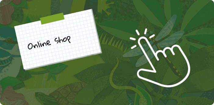 A hand cursor icon touching a digital screen with a note that says 'Online Shop' on a leafy green jungle background.
