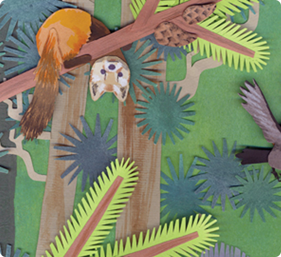 Paper collage of animals in a forest scene, including a squirrel, a fox, a dog, and a bird, with trees and greenery.