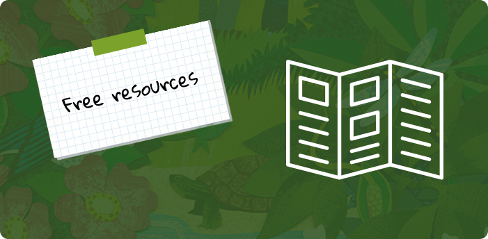 Illustration of a folded informational brochure and a torn notebook paper with the words "Free resources" handwritten on it, set against a background of jungle plants and animals.