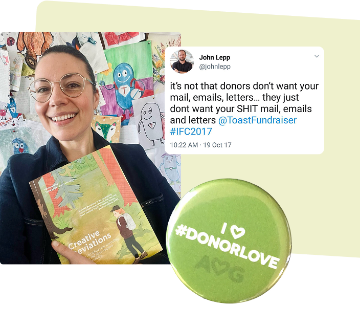 A smiling woman holding a book titled 'Creative Revelations' while standing in front of a colorful display of children's artwork. A green button with the text '#DONORLOVE' is in the foreground, and a tweet from John Lepp about donations is also visible.
