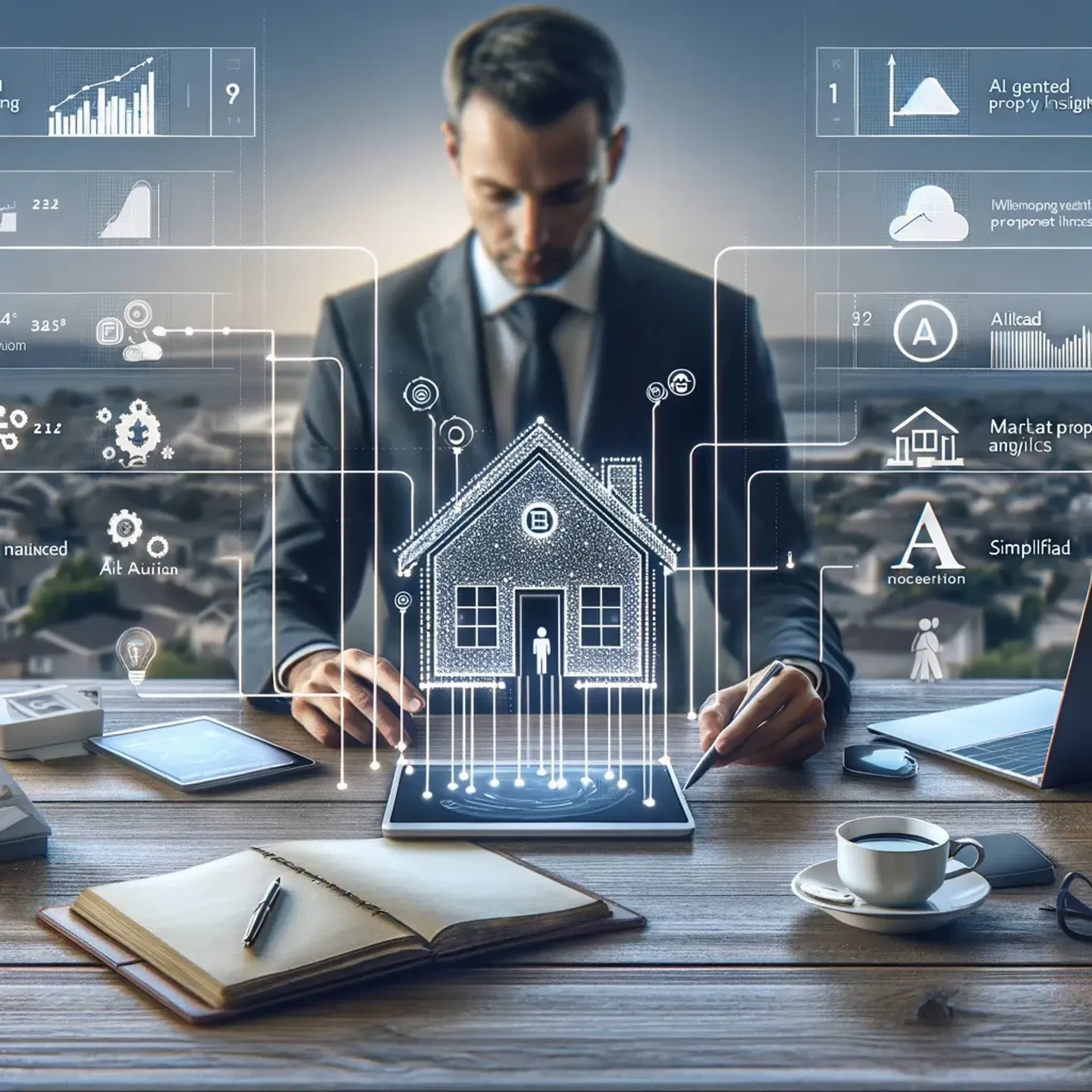 A business professional man in a suit sitting at a wooden desk, using digital holographic interface with various icons and graphs related to real estate, technology, and data analysis, outdoors with a cityscape in the background.