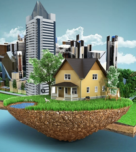 A floating patch of grass with a house, trees, and a small pond, set against a city skyline with tall buildings in the background.
