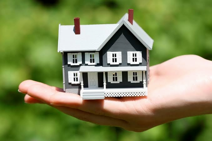 A small model house held in a person's hand outdoors with a green blurred background.