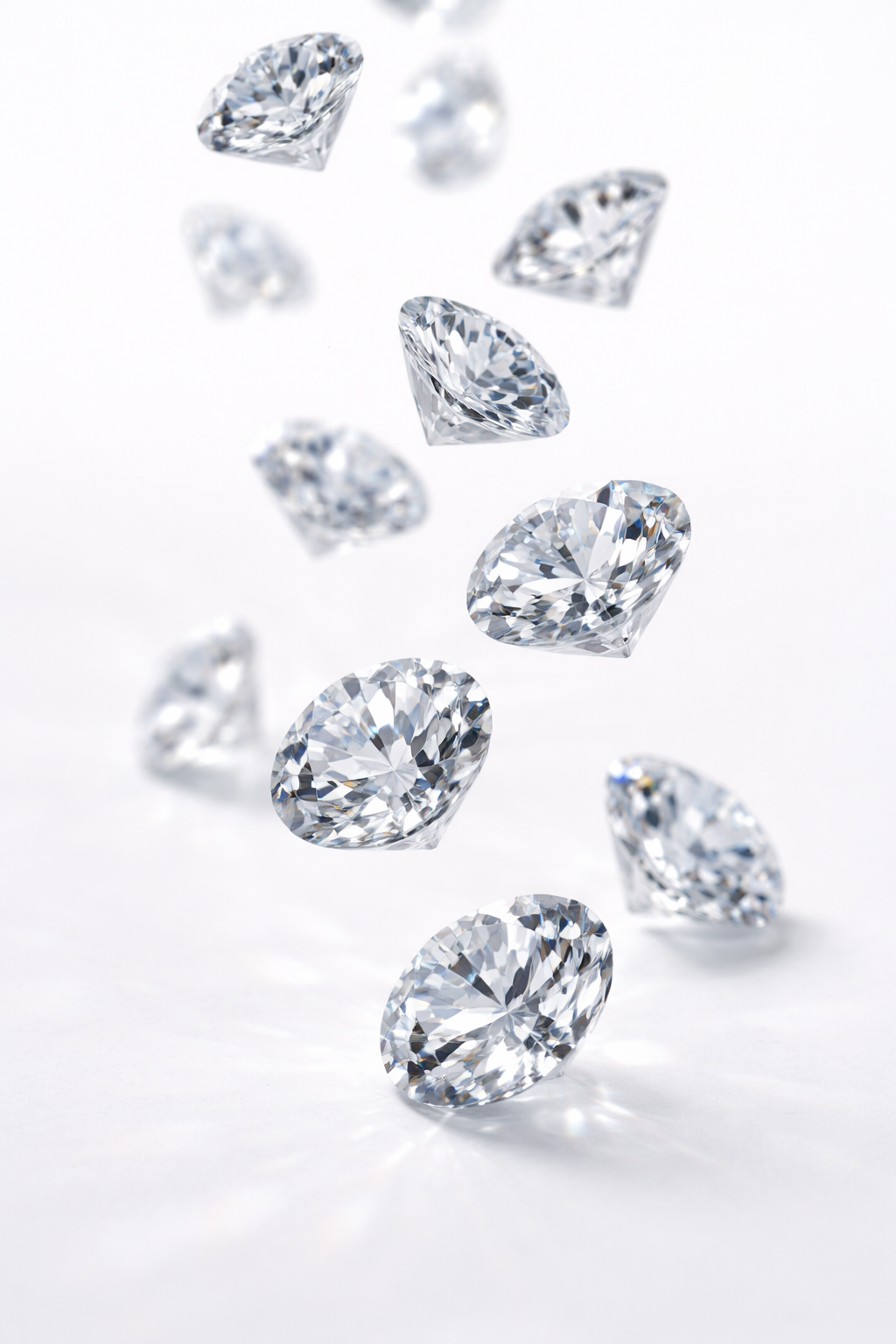 Multiple sparkling diamonds floating against a white background.