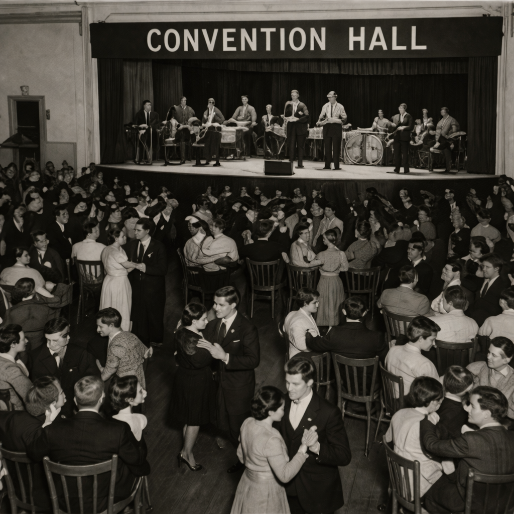 A black-and-white photo of a social dance at a convention hall with a band playing on stage. Couples are dancing on the floor while others are seated, and the hall is filled with people wearing mid-20th-century clothing.