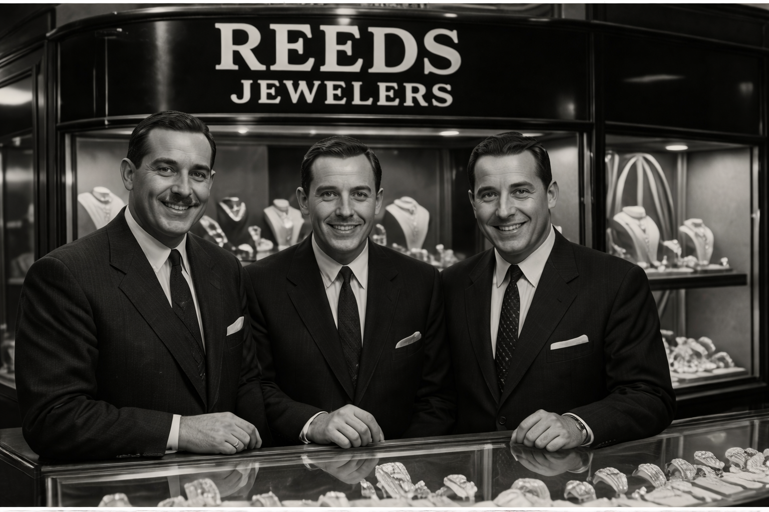 Three men in formal suits standing behind a jewelry display counter at Reeds Jewelers, smiling for the camera.