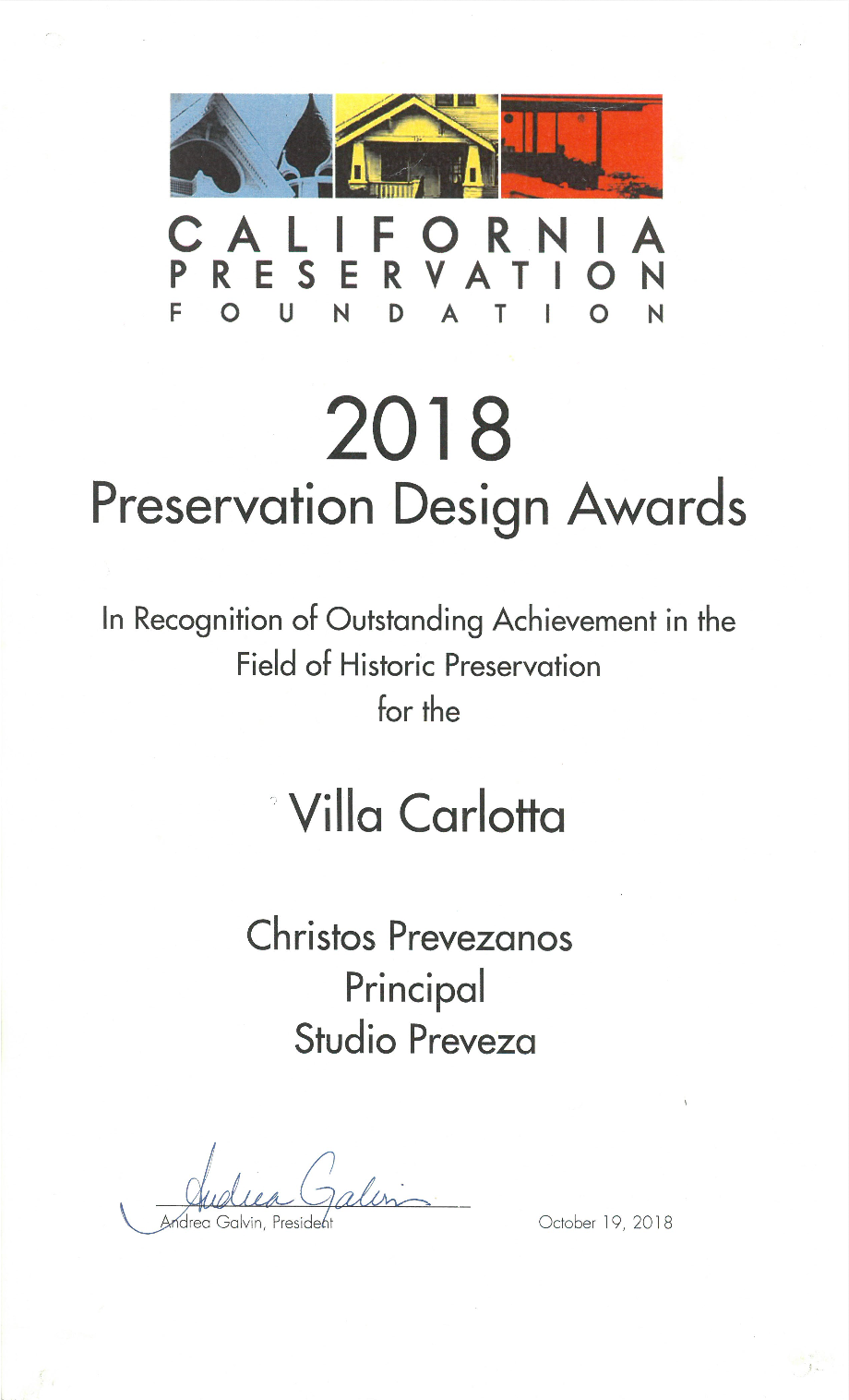 2018 California Preservation Foundation Design Award — Villa Carlotta, Studio Preveza