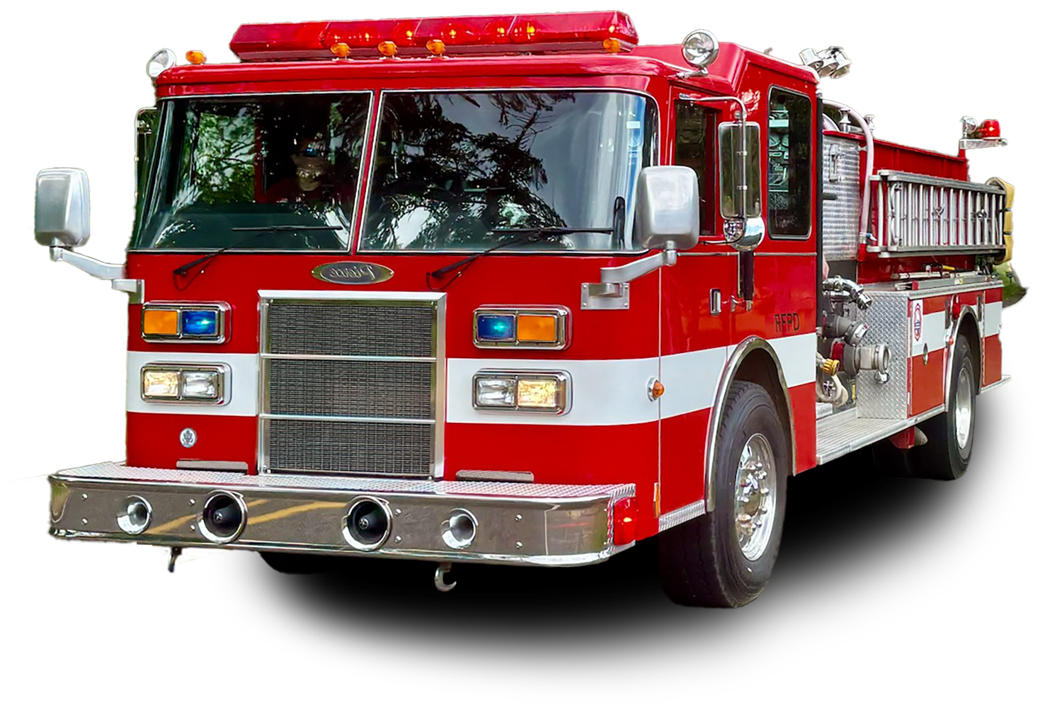 Red fire truck with emergency lights and equipment.