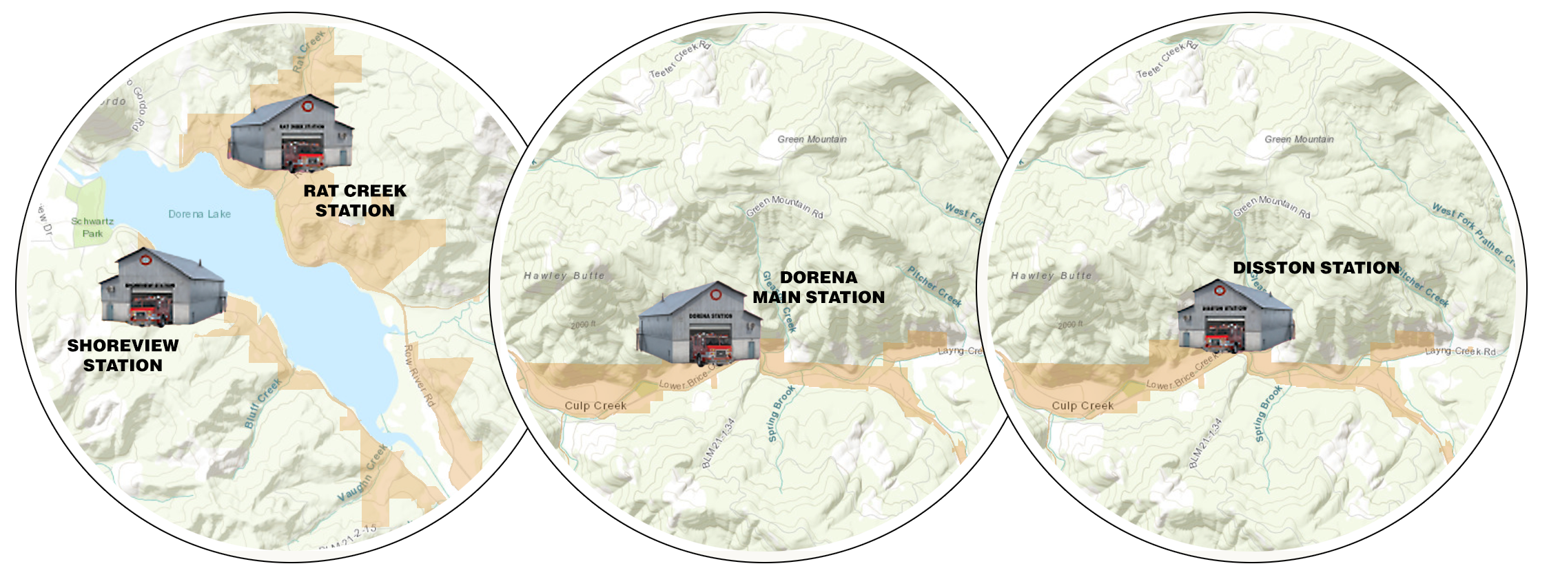 Map showing three fire stations on a lake: Shoreview Station on the west side, Rat Creek Station on the northeast, and Disston Station on the east, with surrounding geographic features.