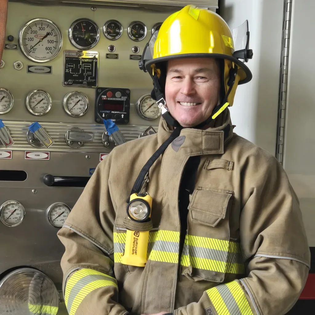 A smiling firefighter in full gear, including a yellow helmet and tan turnout coat with reflective stripes, standing in front of a fire truck's control panel with gauges and switches.
