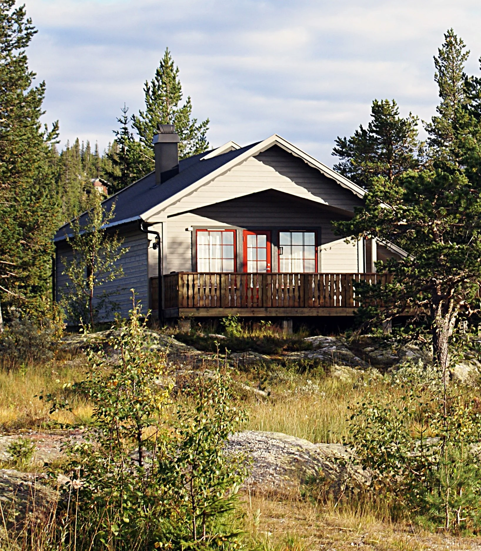 A house with gray siding, a black roof, red trims, and large windows, surrounded by trees and bushes, on a sunny day.
