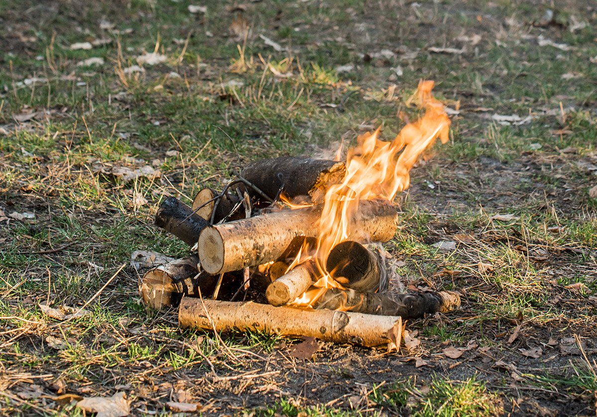 A small campfire burning on the ground surrounded by grass and leaves, with visible flames and logs of wood.