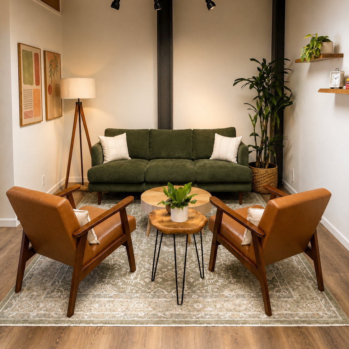 Living room with green sofa, two brown armchairs, a beige area rug, a round coffee table with a plant, a tall floor lamp, houseplants, and wall art.