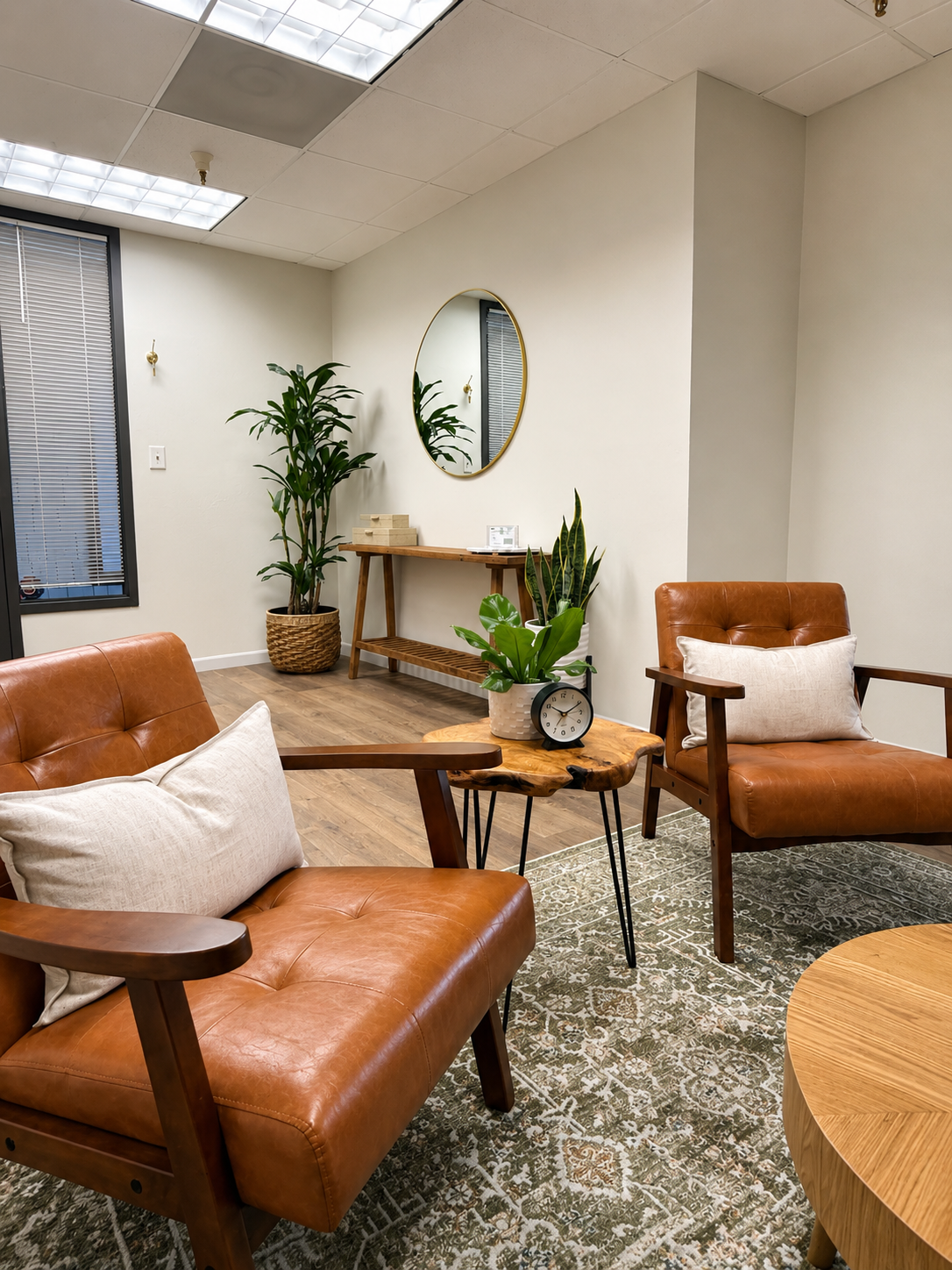 An office waiting area with two brown leather chairs, a wooden side table with plants, a clock, and a beige pillow, a wood floor, a mirror on the wall, and a window with blinds.