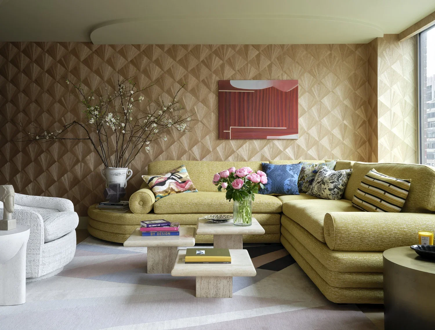 Living room with light green sofa