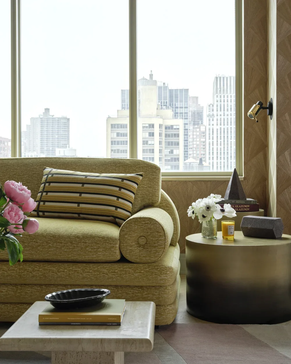 Throw pillow in Random Harvest pattern named shutter stripe in the colourway haystack yellow 