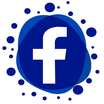 Facebook logo with a white lowercase 'f' on a blue circular background, surrounded by blue circles.