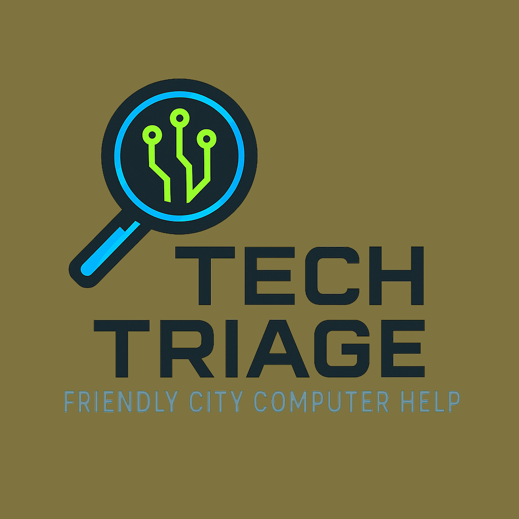 Logo for Tech Triage featuring a magnifying glass with a circuit board pattern, and text saying 'TECH TRIAGE' with a tagline 'FRIENDLY CITY COMPUTER HELP'.