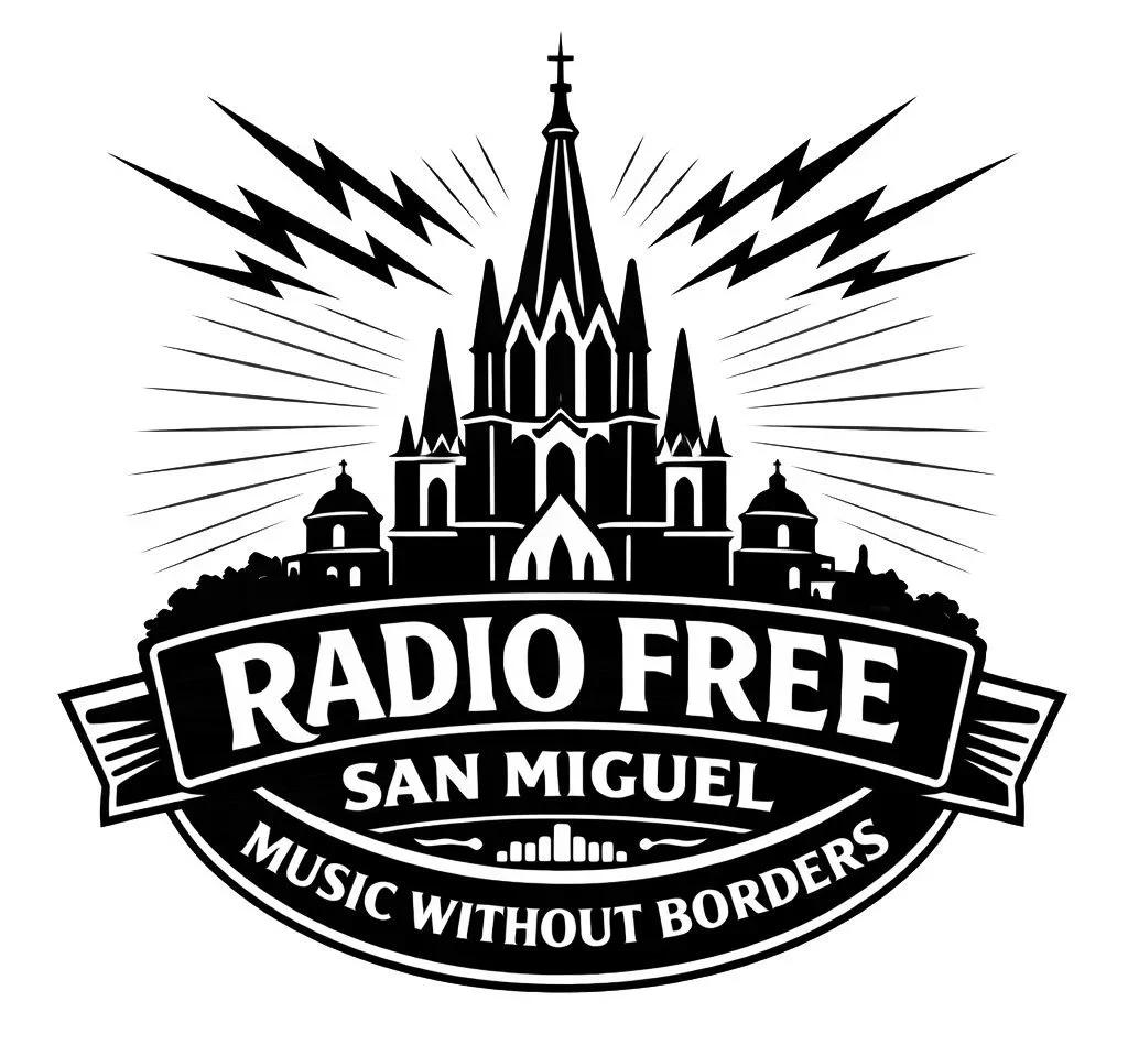 Black and white logo featuring a stylized castle with lightning bolts, the words 'Radio Free San Miguel,' and the slogan 'Music Without Borders'.