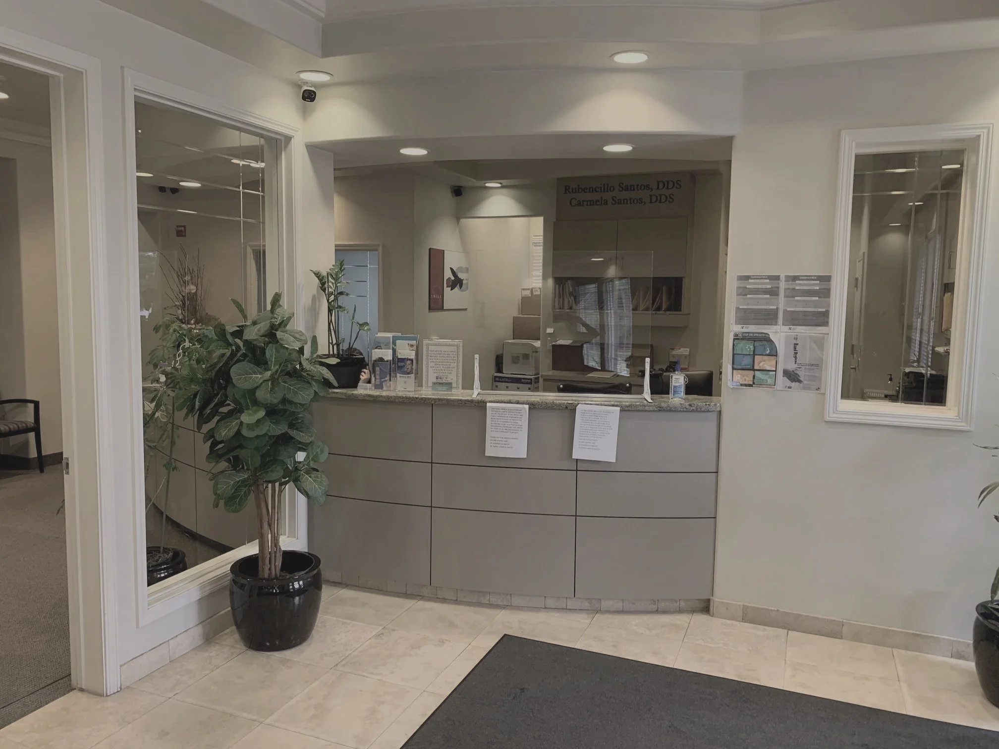 Reception desk area with potted plant in front, framed mirror on the wall, and office supplies behind the counter in a medical or dental office.