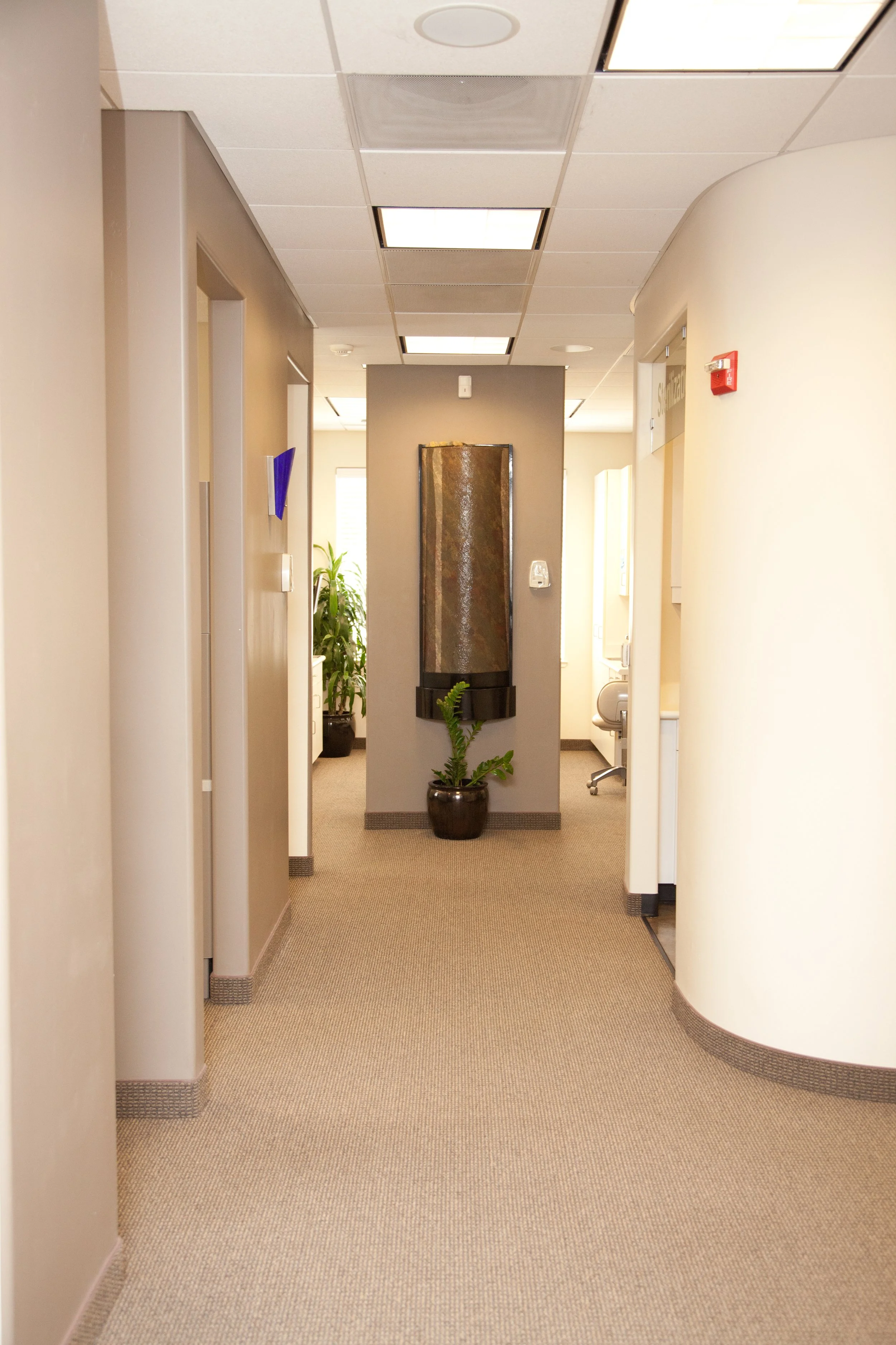 Hallway in an office or medical building with beige carpet, cream-colored walls, ceiling with recessed lights, and a decorative fountain with a green plant in a pot at the center.