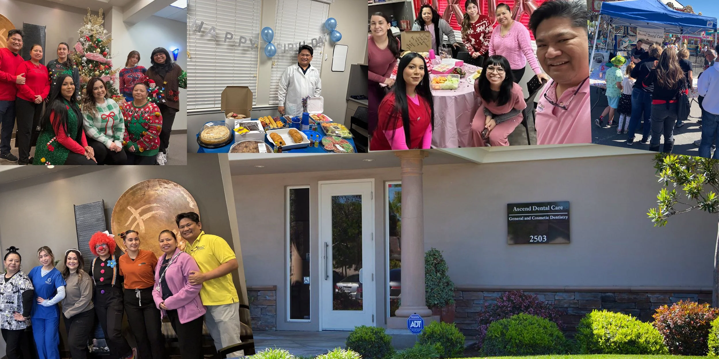 A collage of photos featuring groups of people at various social events, including holiday celebrations, a birthday party, an outdoor fair, and a dental clinic exterior.