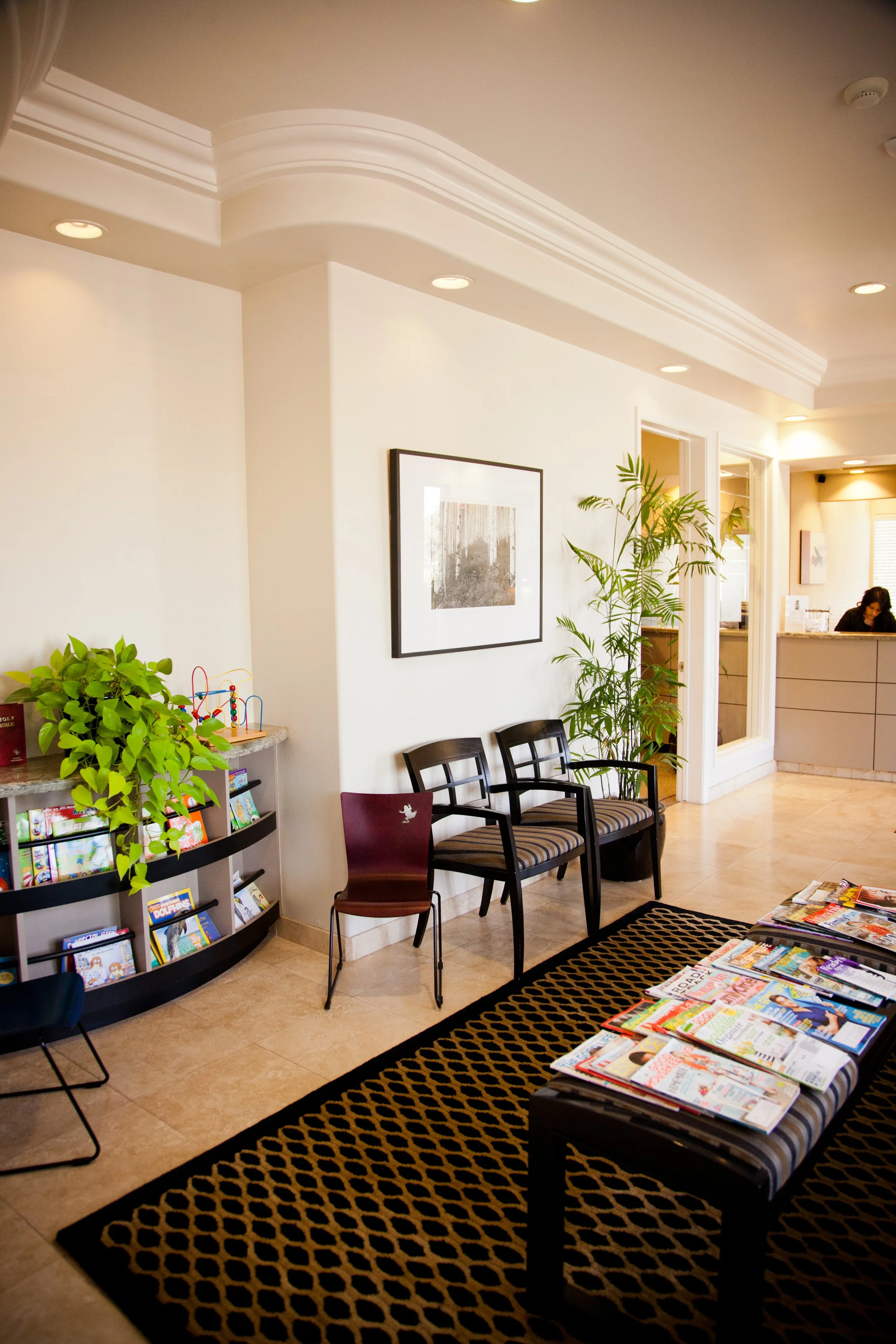 Lobby area with a magazine rack, a small table with magazines, four chairs, a large potted plant, artwork on the wall, and a reception desk with a woman behind it.