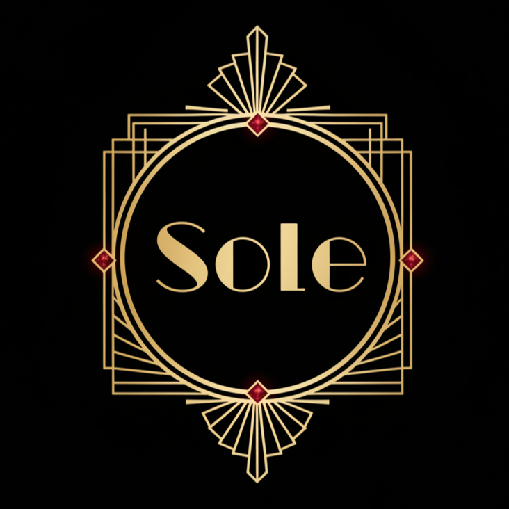 Art deco style logo with the word "Sole" in gold letters inside a black circle, decorated with geometric lines and red gemstones on a black background.