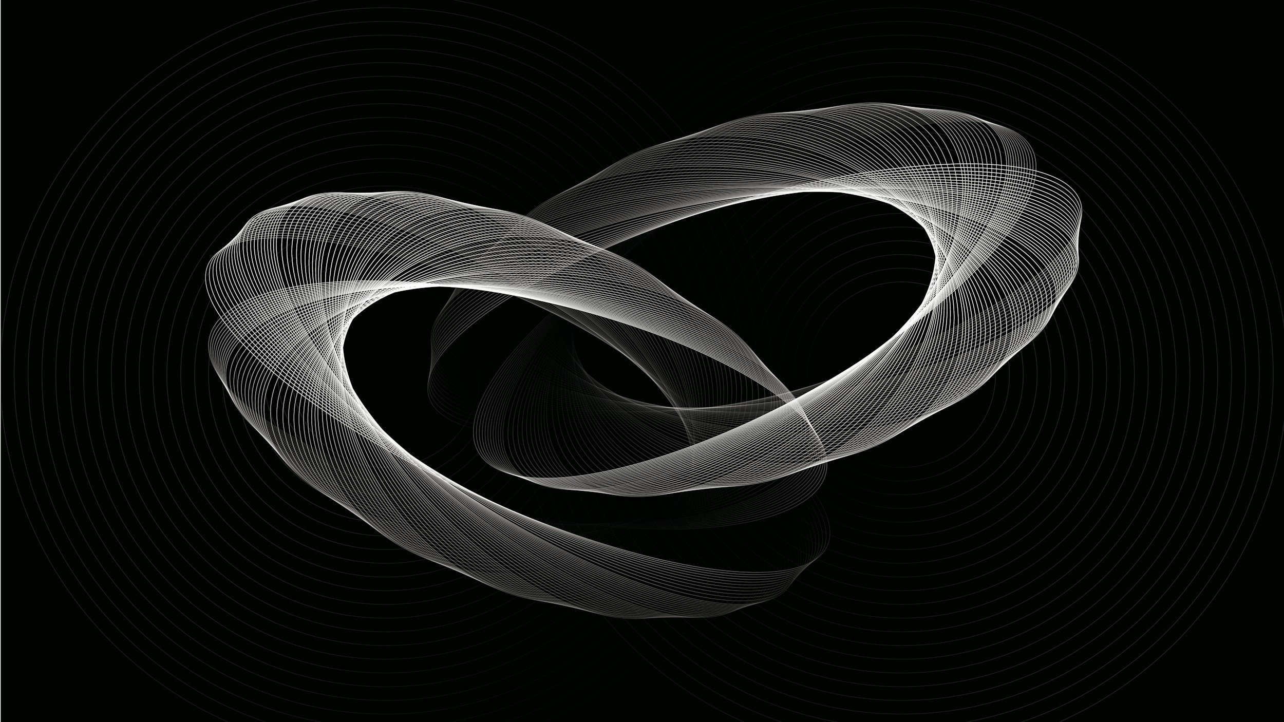 Abstract black background with white flowing, ribbon-like lines forming a circular, wave-like pattern with concentric circles in the background.