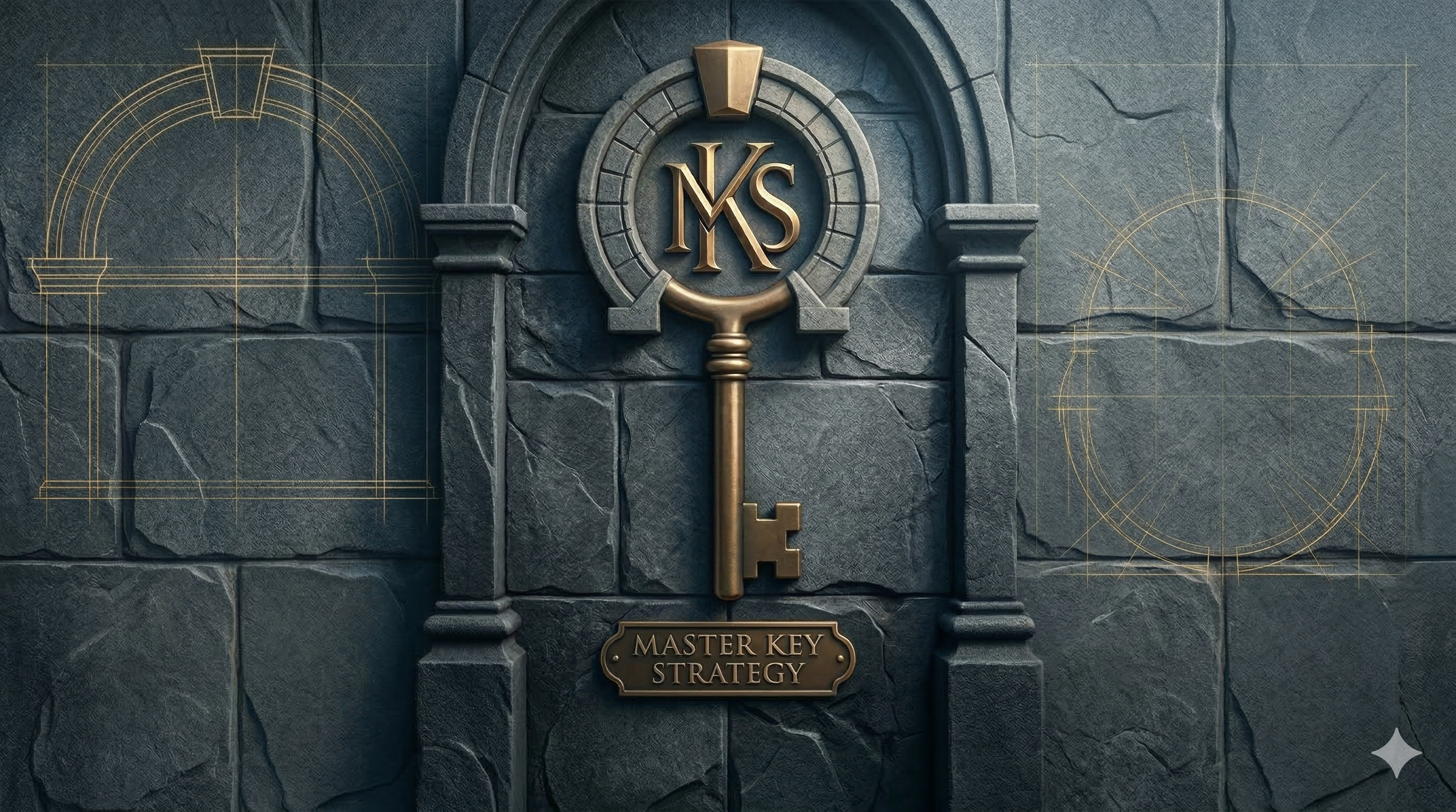 A golden key with the initials 'MKS' in a stone frame on a dark stone wall, labeled 'Master Key Strategy', with blueprint-style sketches in the background.
