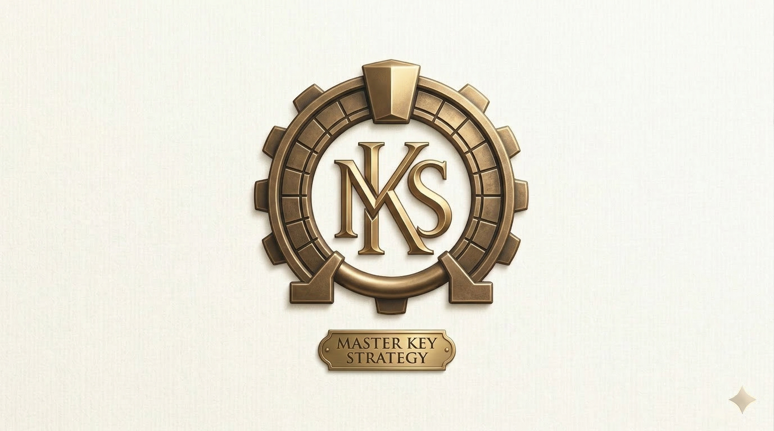 Gold emblem with the letters 'M', 'K' and 'S' inside a gear, and a label below reading 'Master Key Strategy' on a light textured background.