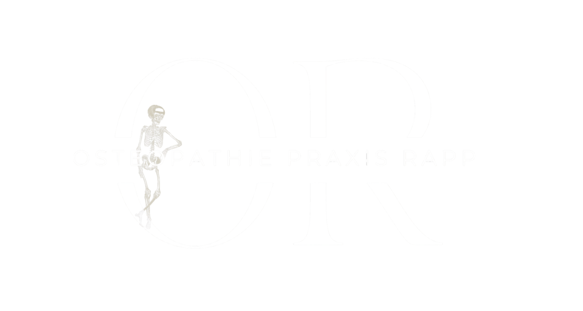 Logo der Osteopathie Praxis Rapp mit großen weißen Buchstaben und einem Skelettrender.