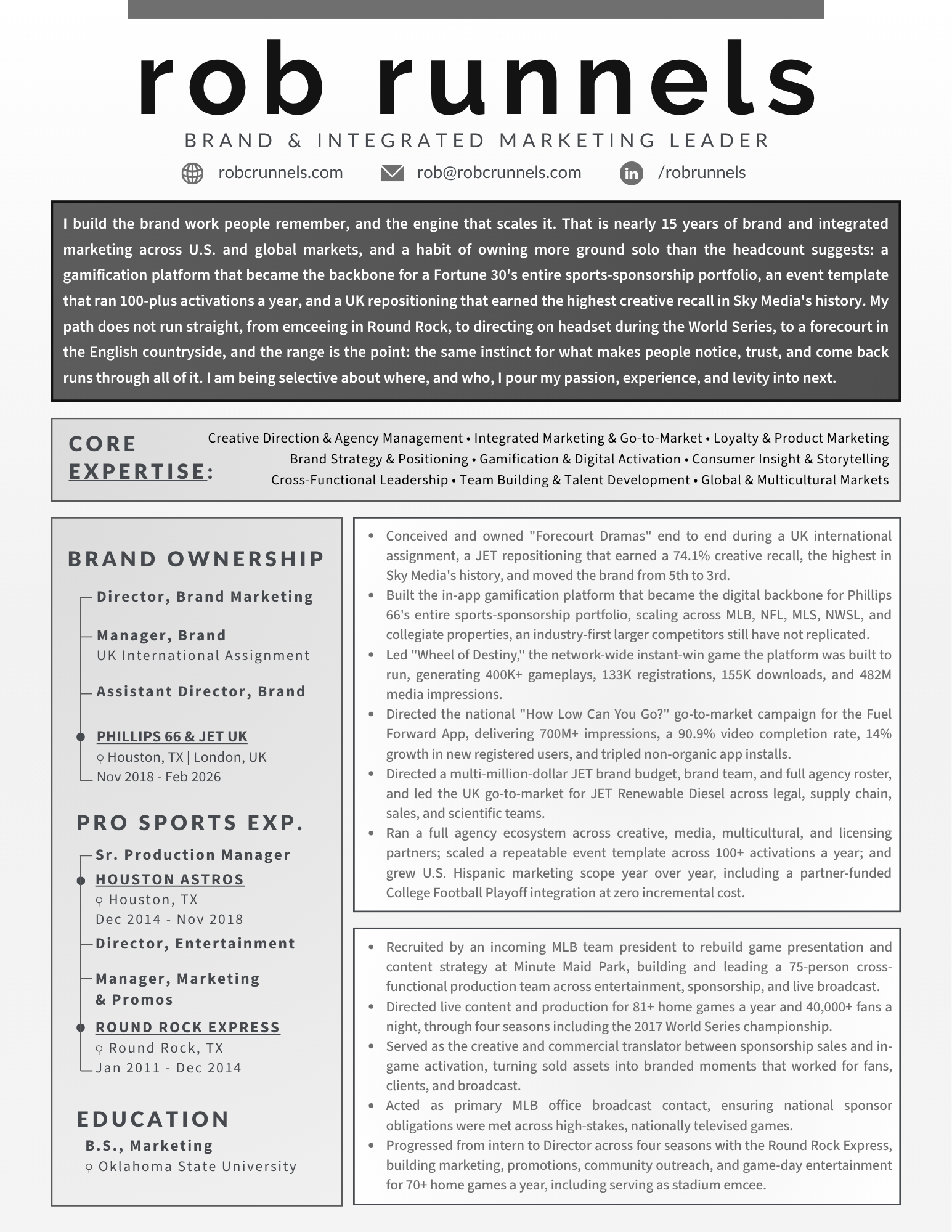 A professional resume or CV with sections for contact info, about me, core expertise, and work experience, including roles at Rob Runnels, Houston Astros, Round Rock Express, and Oklahoma State University.