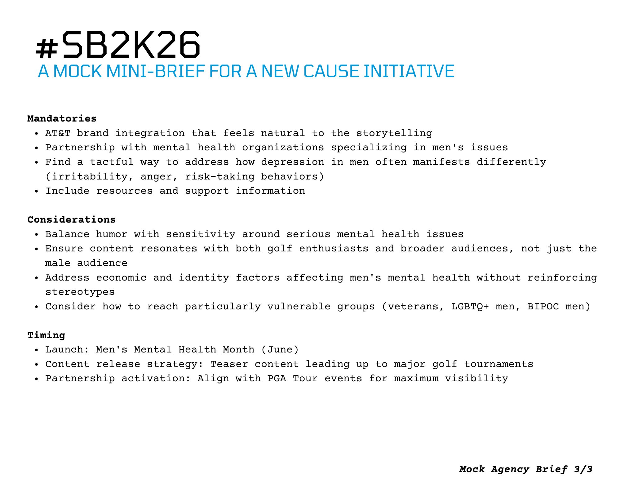 Document titled #SB2K26: A mock mini-brief for a new cause initiative, outlining mandatory actions, considerations, timing, and strategy for mental health awareness in June, targeting golf enthusiasts and broader audiences.
