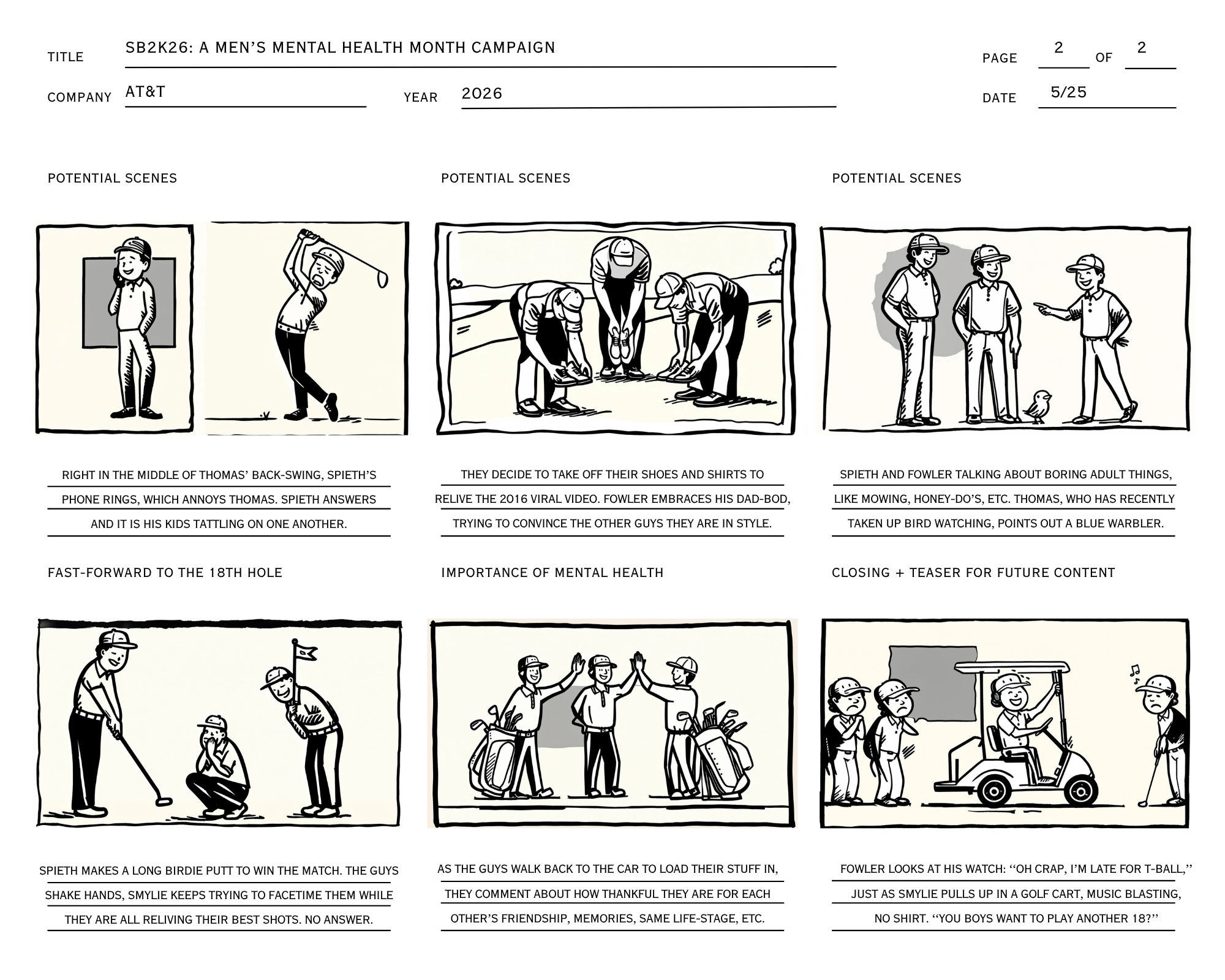 A comic strip featuring men in various activities related to golf and social interaction, including practicing golf, talking, and celebrating together.