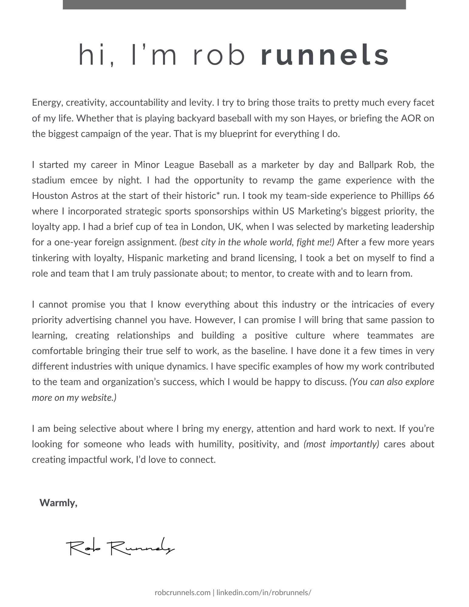 A webpage featuring a personal introduction from Rob Runnels, focusing on his professional background and personal qualities, including a quote and contact information.