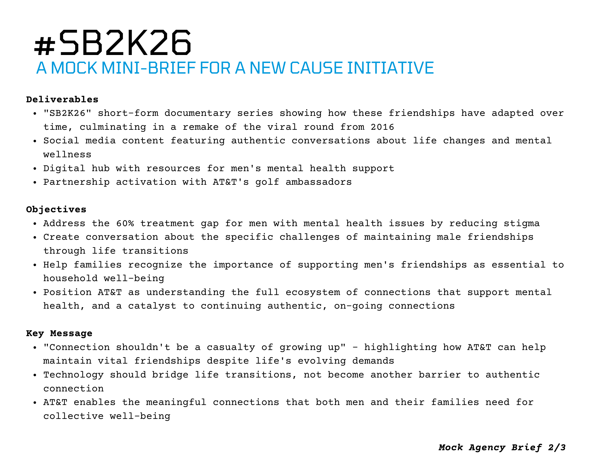 Document titled '#SB2K26 A Mock Mini-Brief for a New Cause Initiative' outlining deliverables, objectives, key message, and a note indicating this is part 2 of 3.
