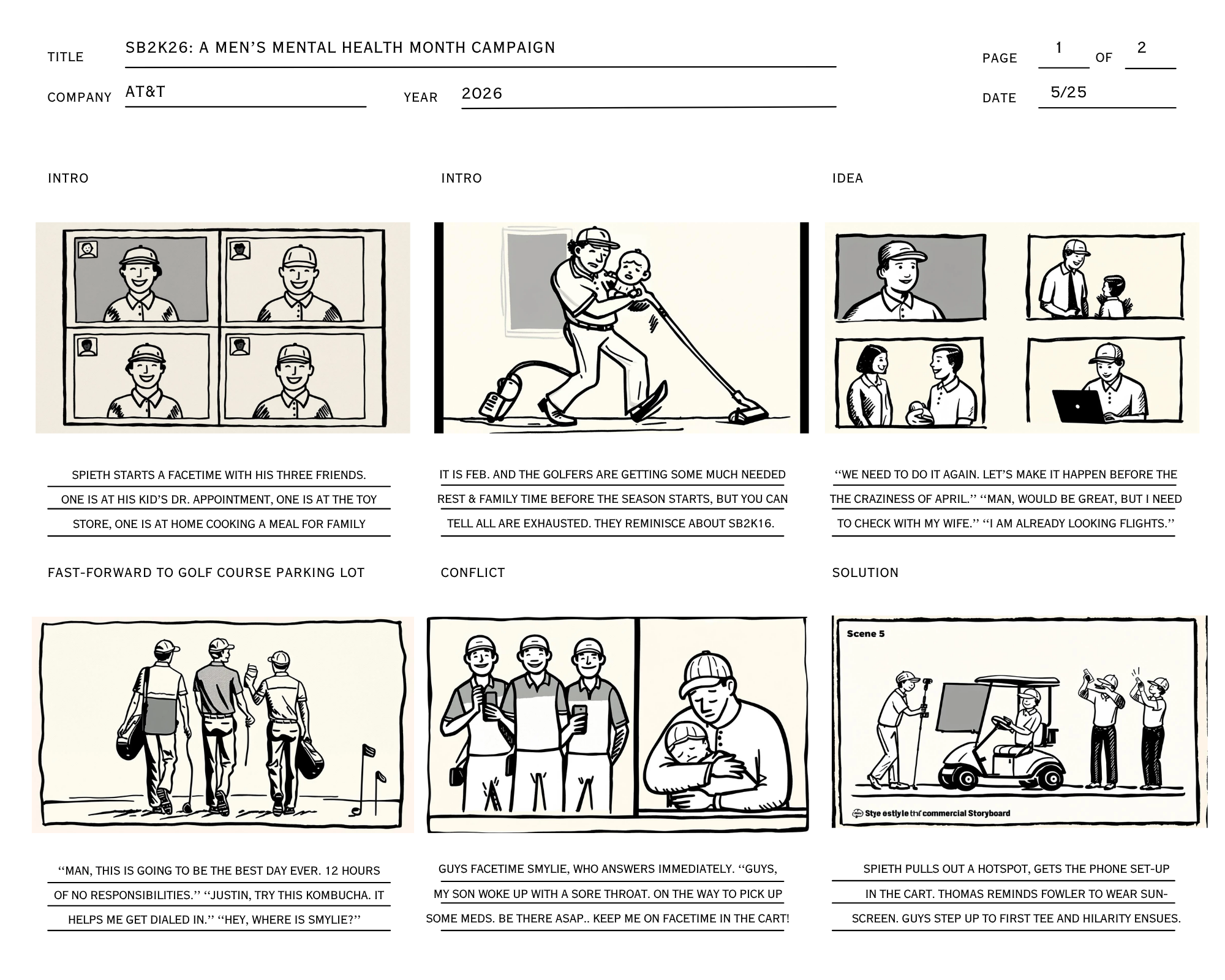 A storyboard with various sketches of people in different activities, including a Zoom call, playing golf, walking, and working in a hospital or tech setting, depicting scenes of social interaction and leisure.