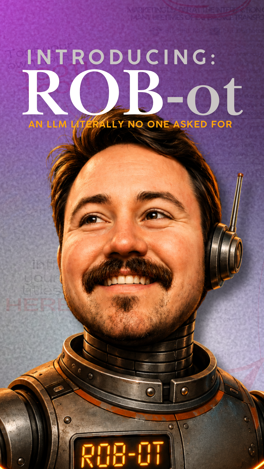A logo for "ROB-ot," a chatbot created to serve as a living cv. The ai-generated photo portrays rob runnels as a robot in a gimmicky, futuristic deisng.