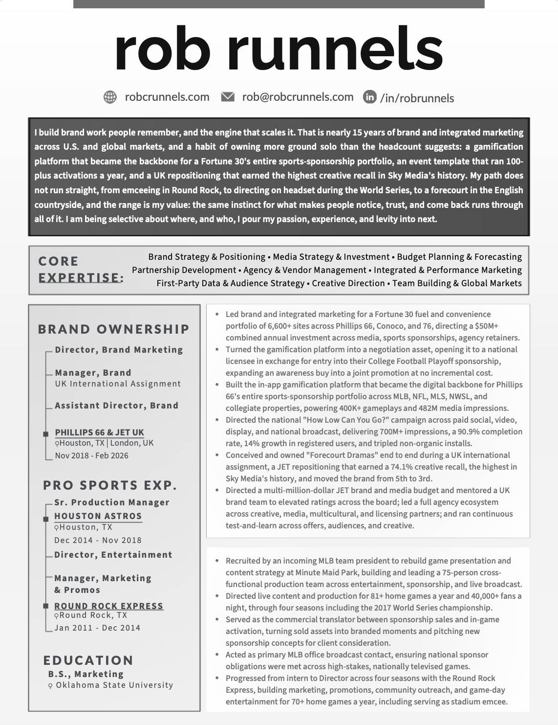 Resume or professional profile for Rob Runnels, detailing career achievements in brand marketing, sports sponsorship, and media strategy, including roles at Phillips 66, Houston Astros, and Round Rock Express, with education background from Oklahoma State University.