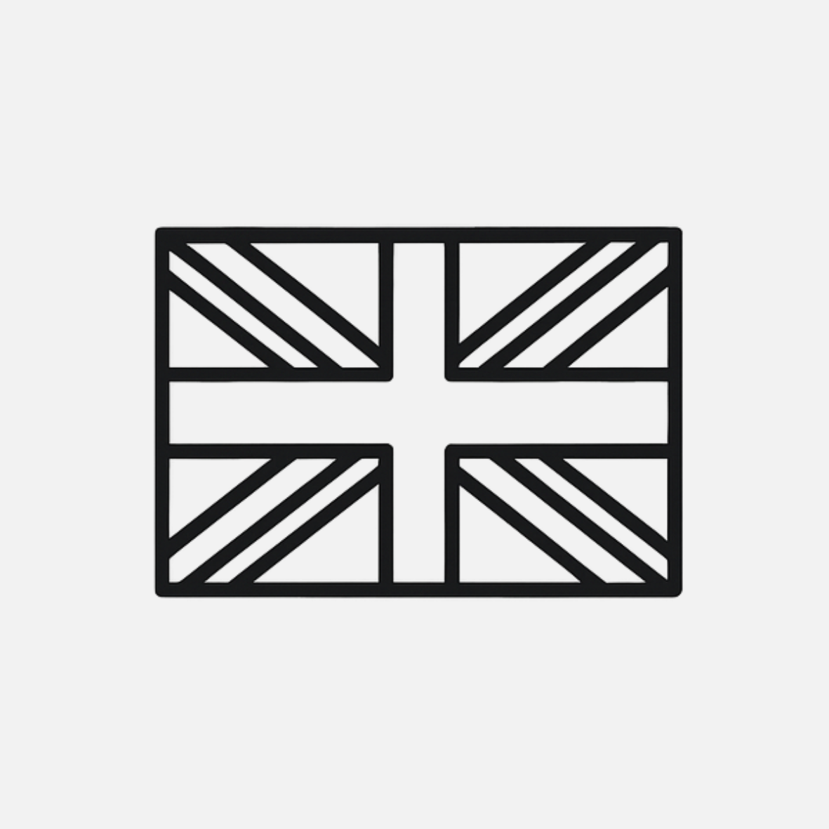 Black outline of a Union Jack flag on a light gray background.