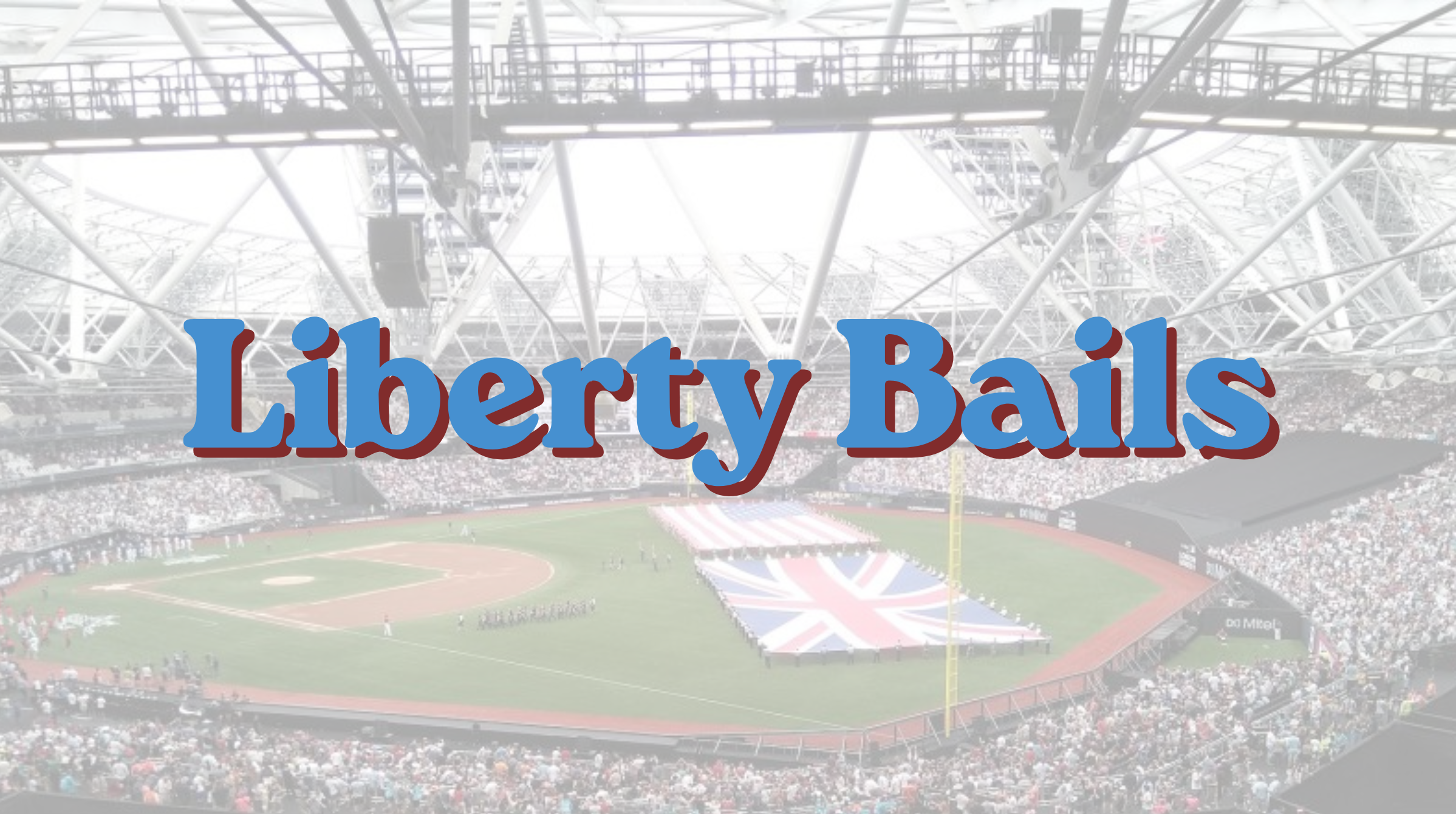 A stadium filled with spectators at an Olympic event, with the words 'Liberty Balls' superimposed in large, colorful text.
