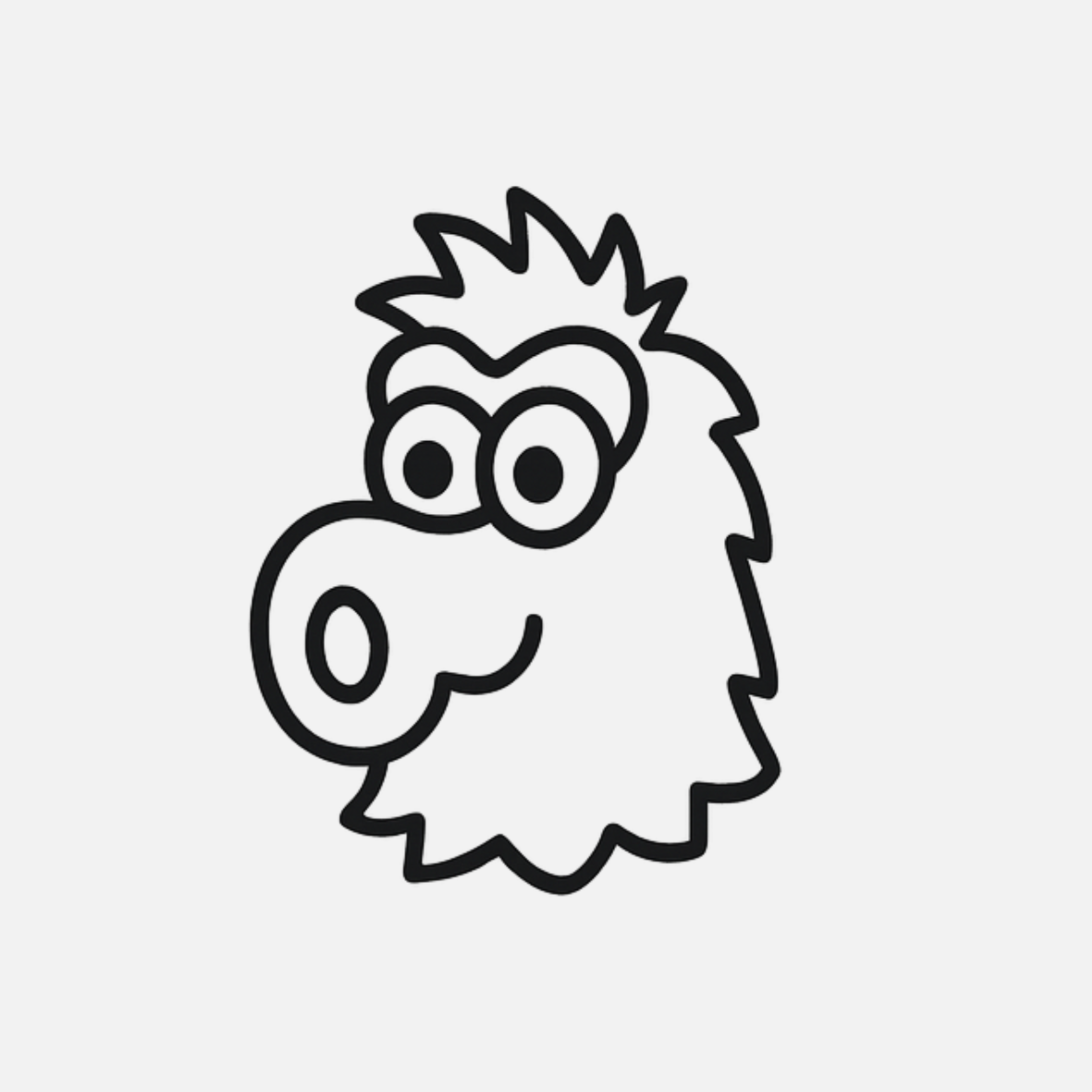 Line drawing of a cartoon boar with spiky hair and large, expressive eyes, smiling.