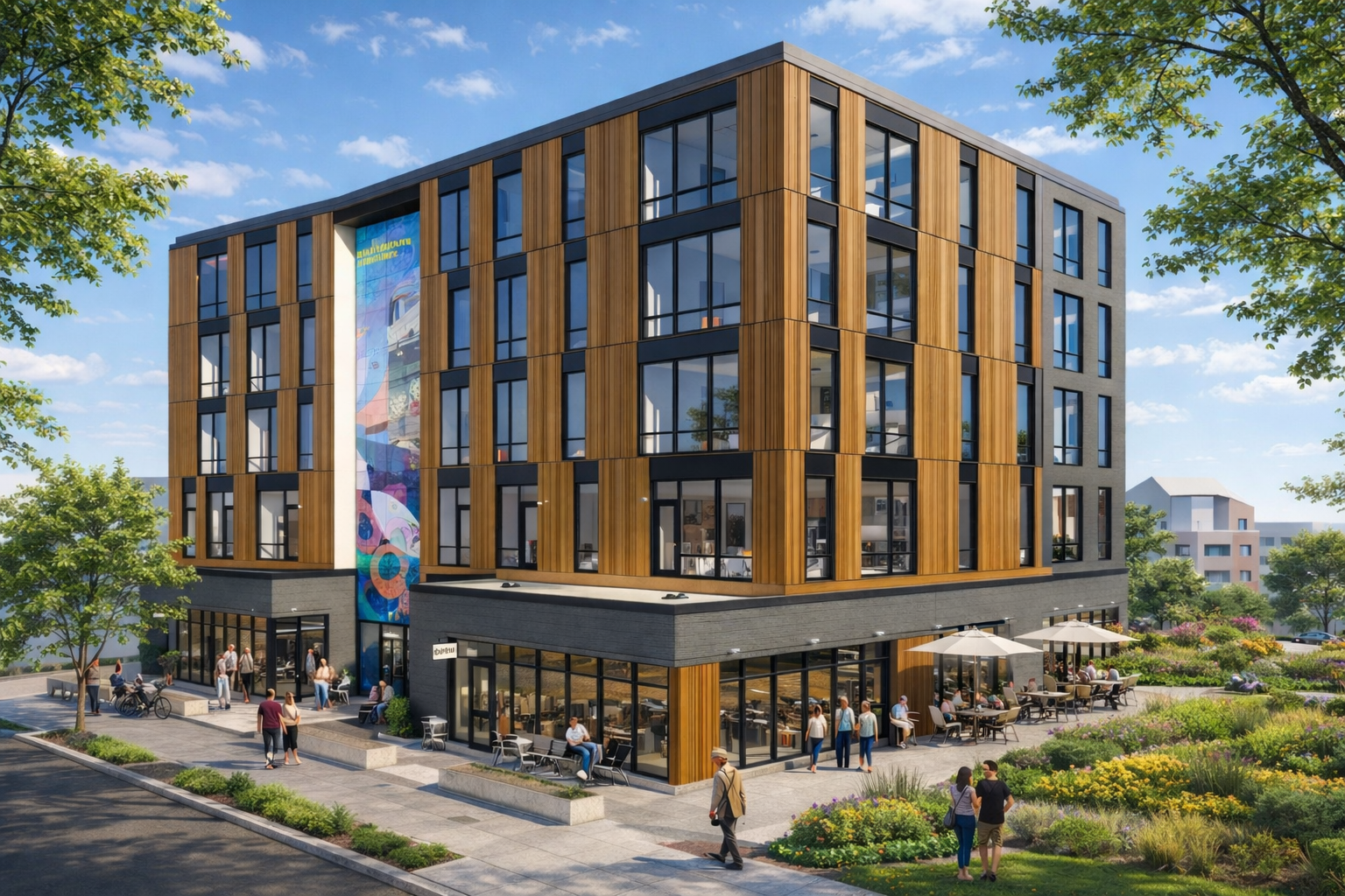Modern multi-story building with large glass windows, bronze panel accents, and a ground-floor café with outdoor seating, set in a landscaped urban area with trees and people walking and socializing.