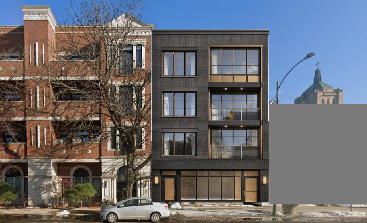 Modern multi-story building with large windows, black exterior, and balconies, situated between older brick buildings on a city street with parked car and streetlight.