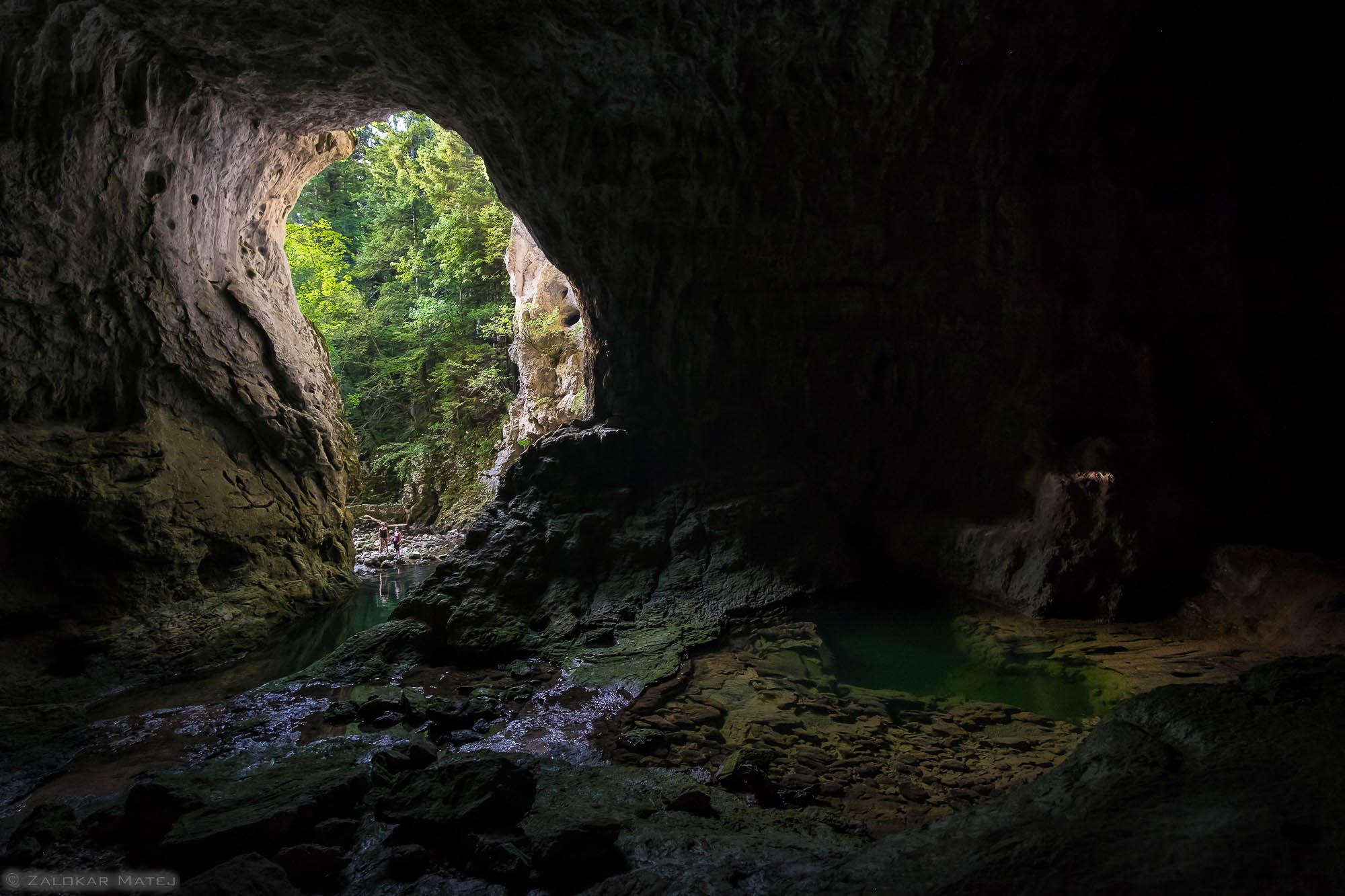 View from inside a dark cave looking out toward a bright, green forest and a small group of people near the water.