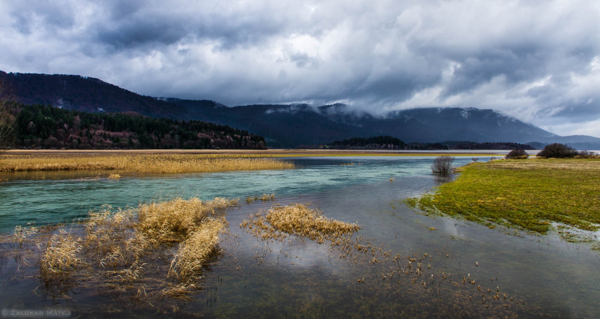 A scenic view of a river with grassy banks and mountains in the background under a cloudy sky.