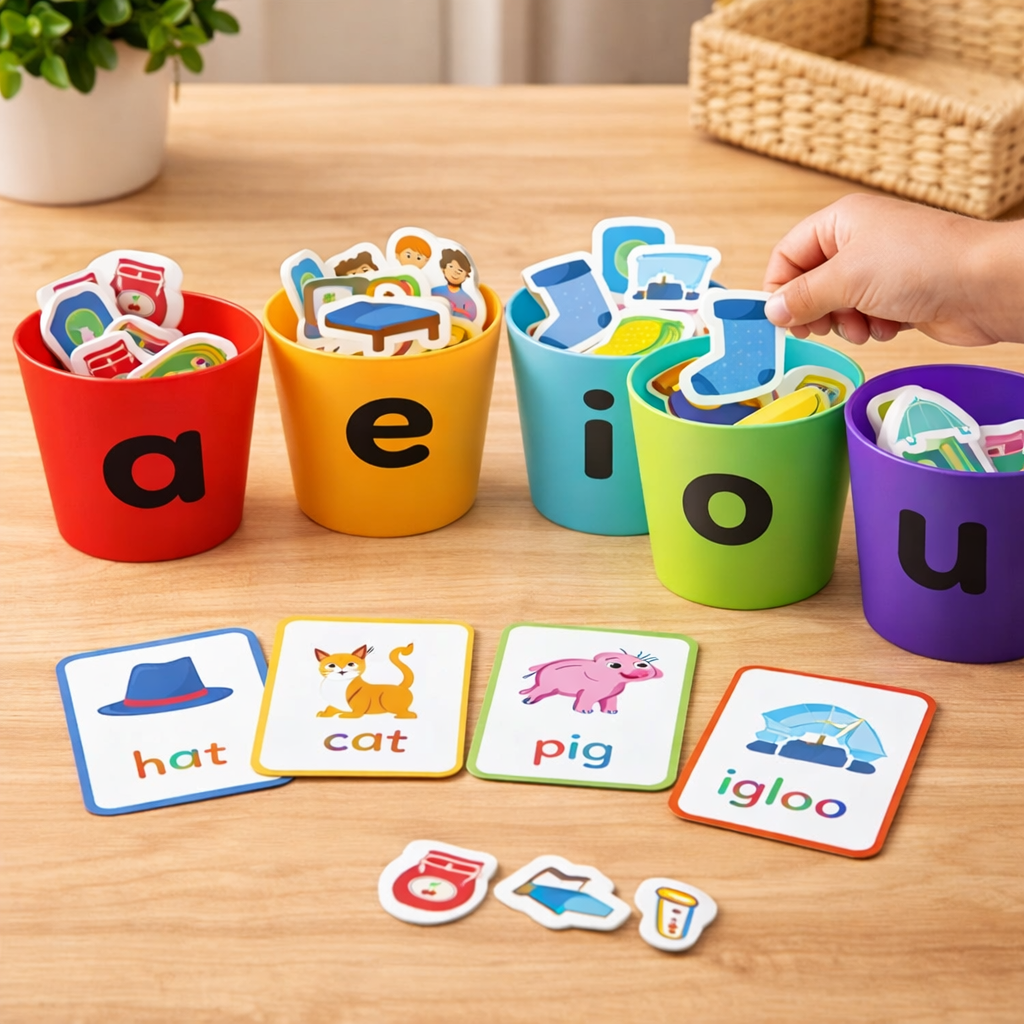Kids phonics sorting game with vowel cups and picture cards